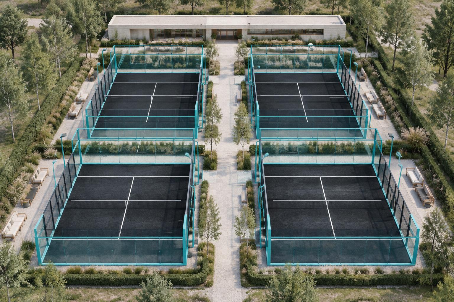 CGI concept of four Playful Blue framed outdoor padel courts with black surfaces and landscaped surroundings